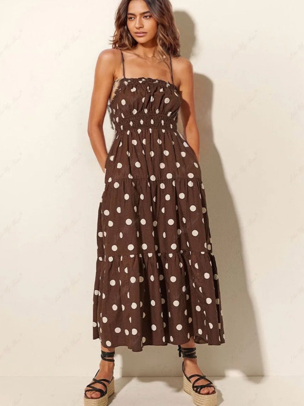 Brown Polka Dot Smocked Maxi Dress - Women's